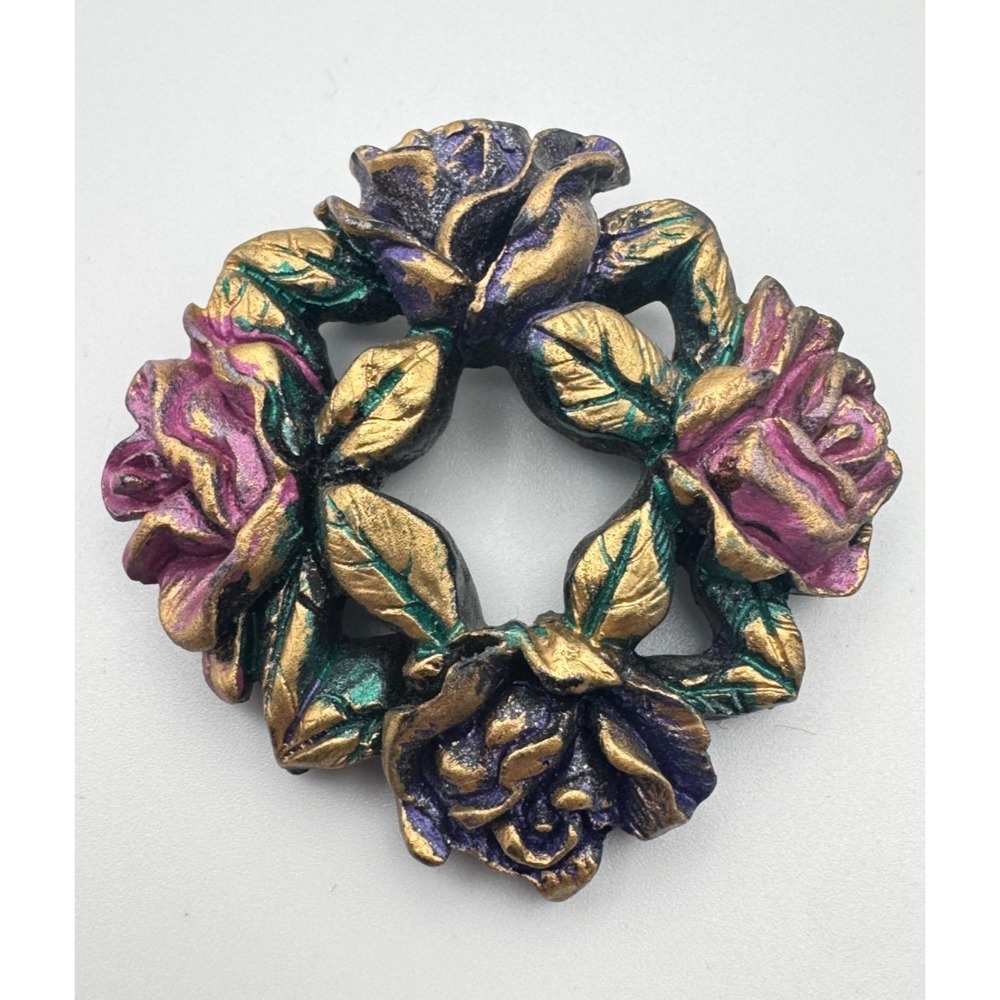 Vintage Rose Brooch Hand Painted Wreath Gold Purple Teal Metallic Cottagecore